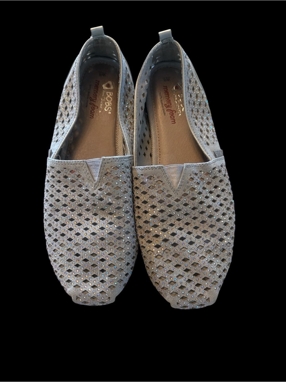Skechers Bobs Women's Silver Glitter Slip-On Loafers- wide fit